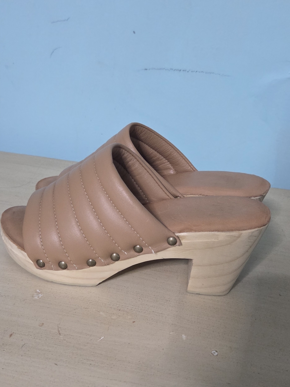 beek Quilted Tan Leather Clog Mules with Stud Accents - Picture 4 of 11